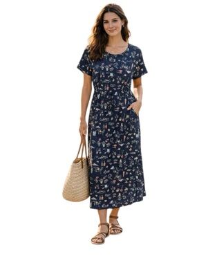 Eddie Bauer Linen Gardening Print Short Sleeve Maxi Dress Size Tall L